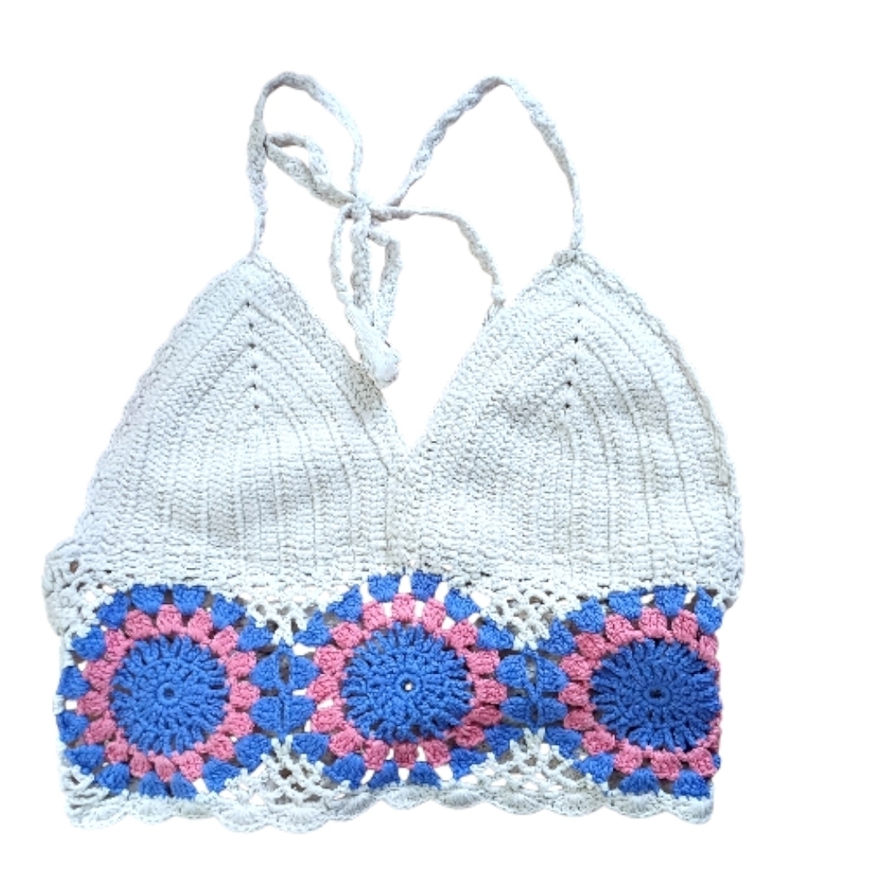 Ecote -Crochet Halter Top with Pink and Blue Accents - Size Small